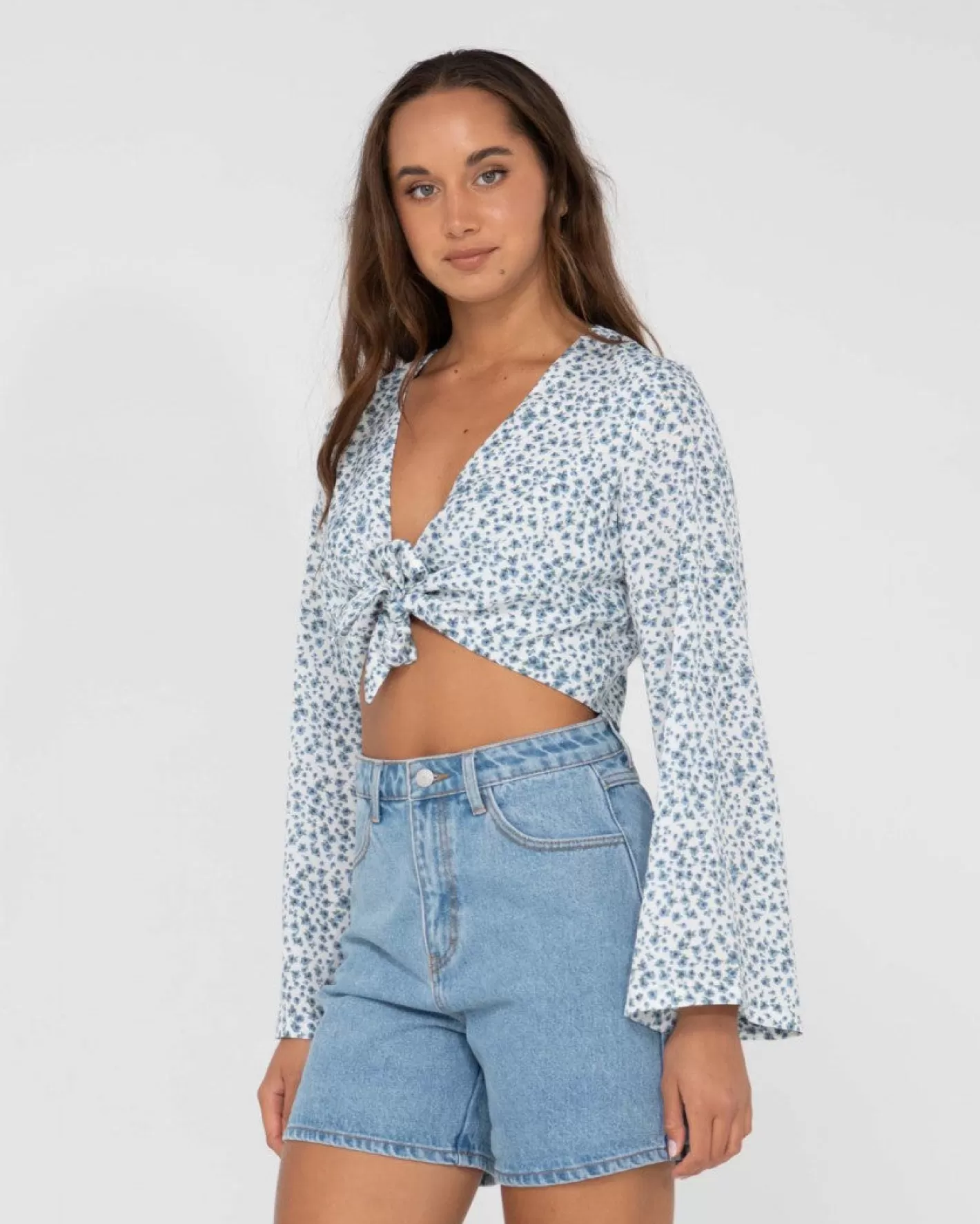 Mujer Rusty Camisa Corta Con Estampado Floral Y Lazo En La Parte Delantera De Balnear