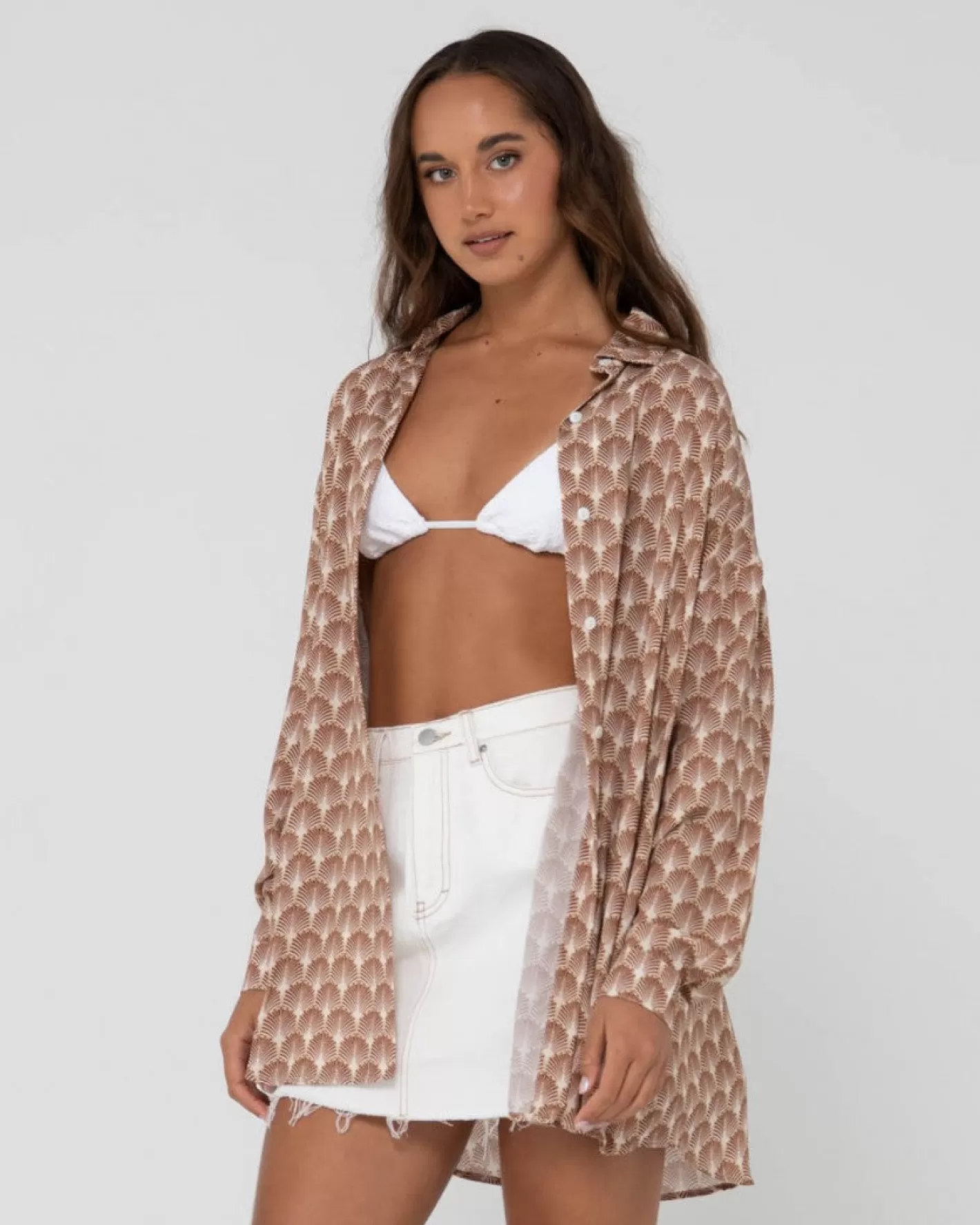 Mujer Rusty Camisa Oversize De Manga Larga Con Estampado Panama