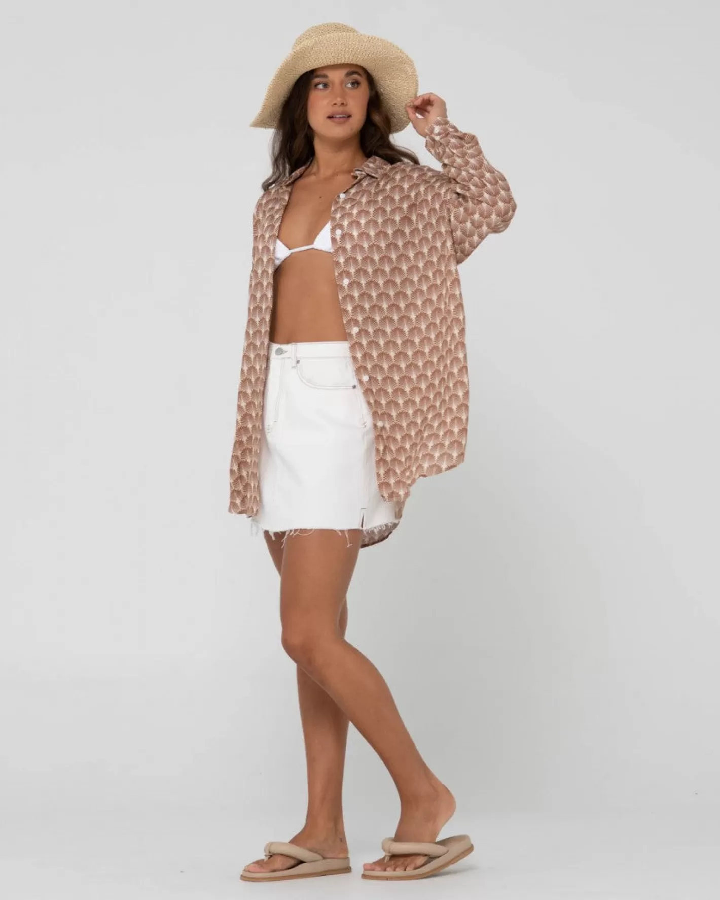 Mujer Rusty Camisa Oversize De Manga Larga Con Estampado Panama