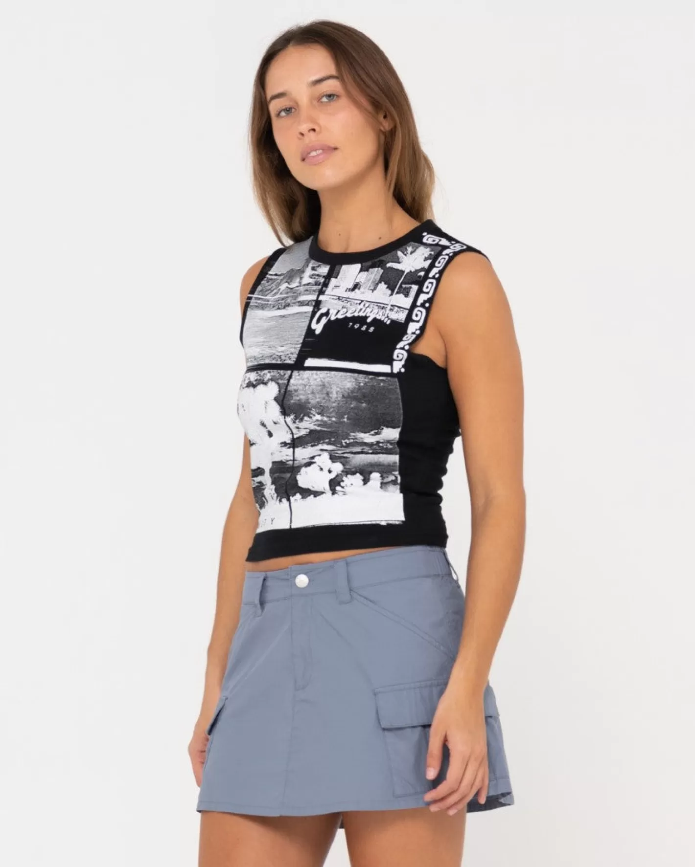 Mujer Rusty Camiseta Sin Mangas De Corte Slim Con Grafico Greetings
