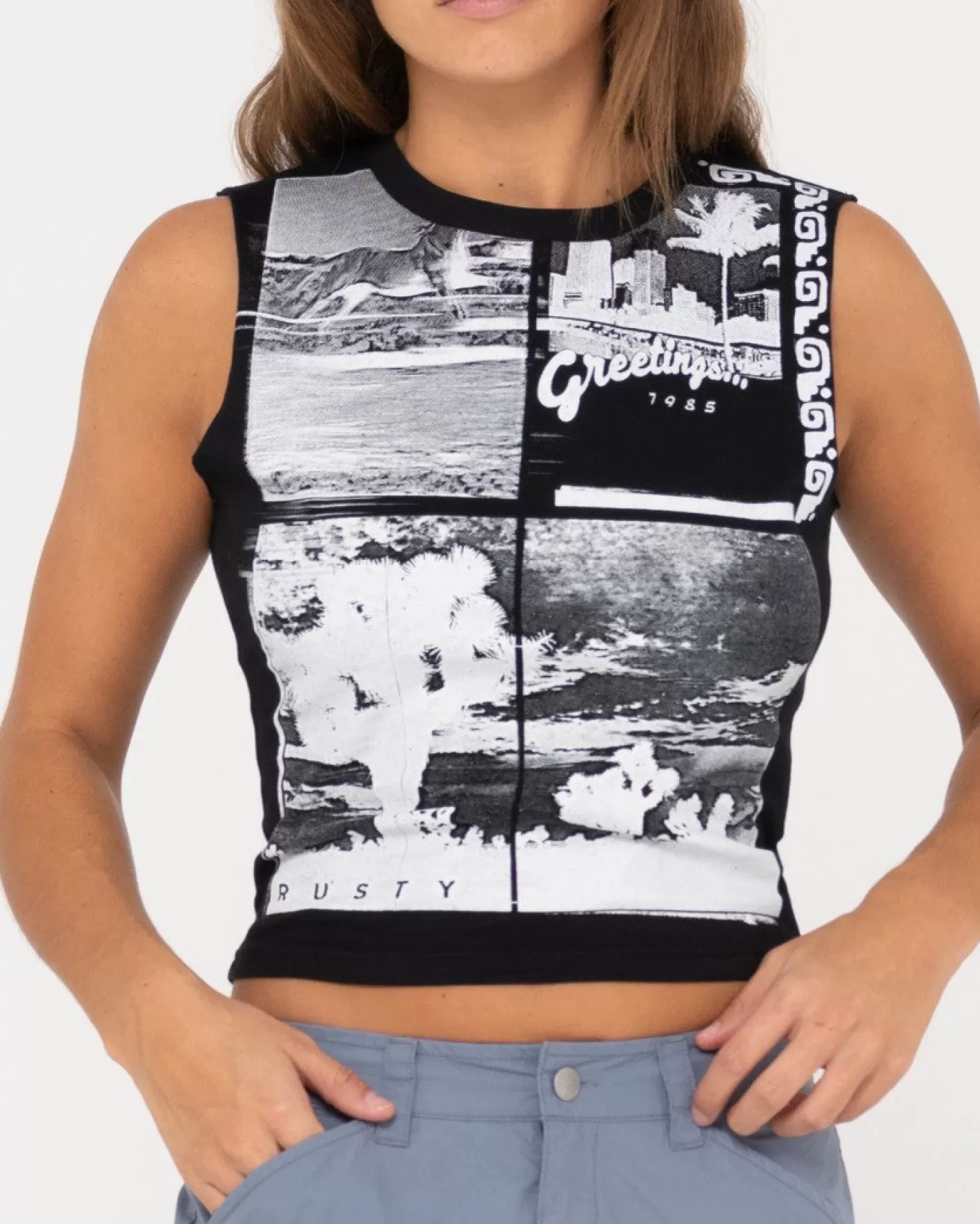 Mujer Rusty Camiseta Sin Mangas De Corte Slim Con Grafico Greetings