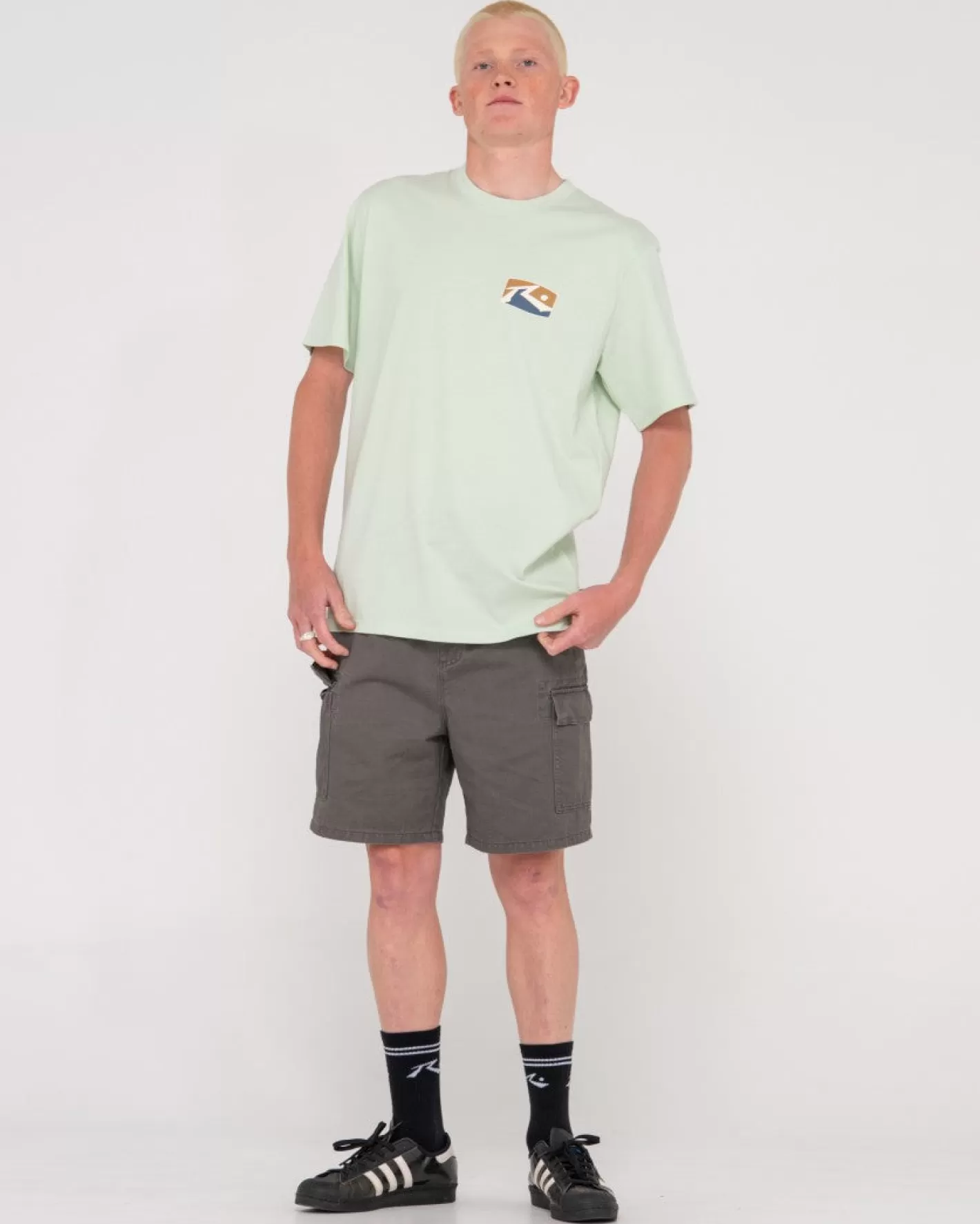 Hombre Rusty Camper Pantalon Corto Cargo Elastico Con Lavado Vintage