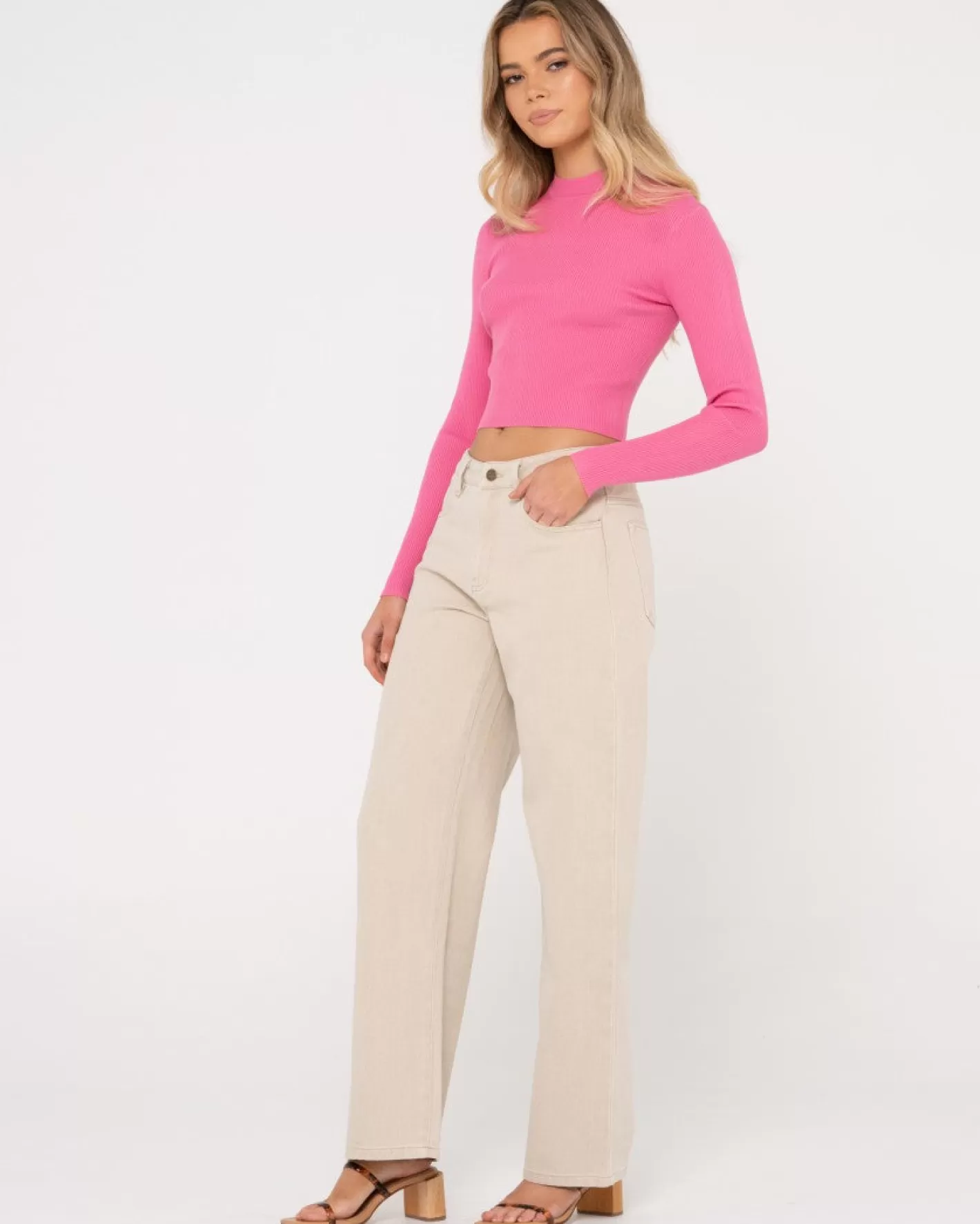 Mujer Rusty Top De Punto De Manga Larga Con Cuello Simulado Charis