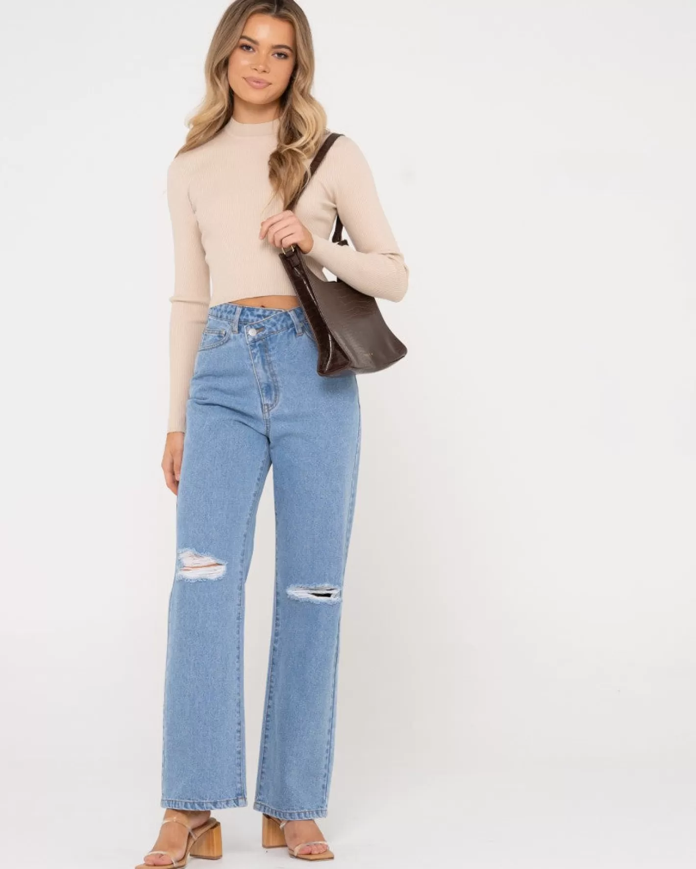 Mujer Rusty Top De Punto De Manga Larga Con Cuello Simulado Charis